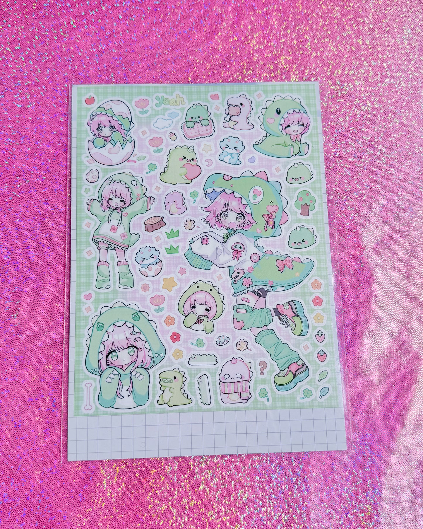Green Dinosaur Girl Sticker Sheet