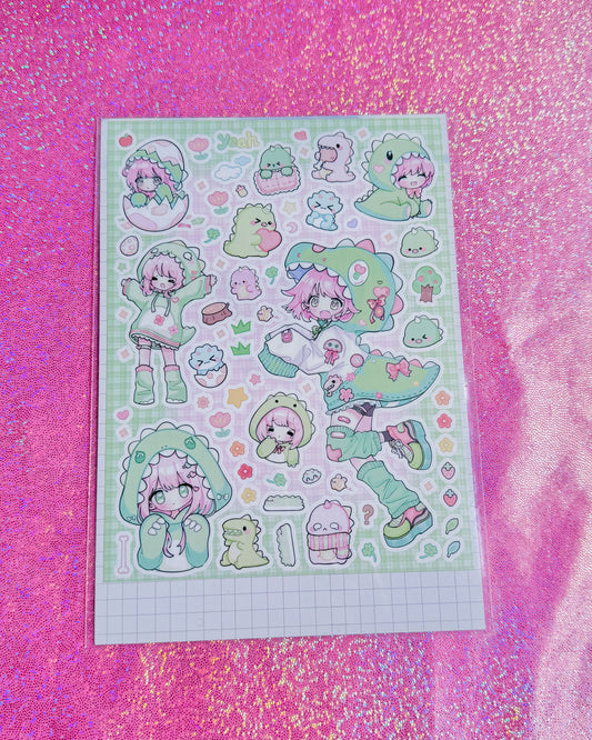 Green Dinosaur Girl Sticker Sheet